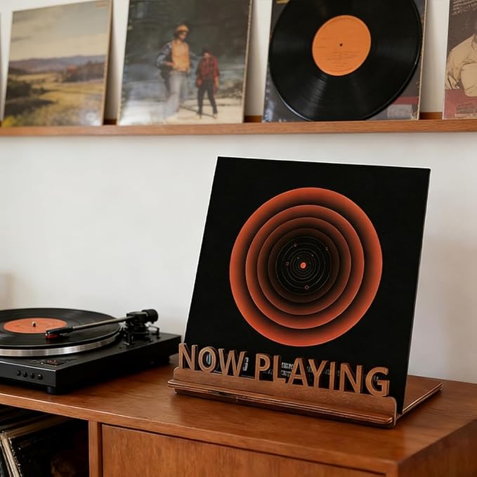 Now Playing Vinyl Record Stand, Tabletop Wooden Vinyl Record Storage Holder, Now Spinning Album Display Rack for LP Enthusiast, Vintage Rustic Organizer for Records & Magazines(COLOR:wood)