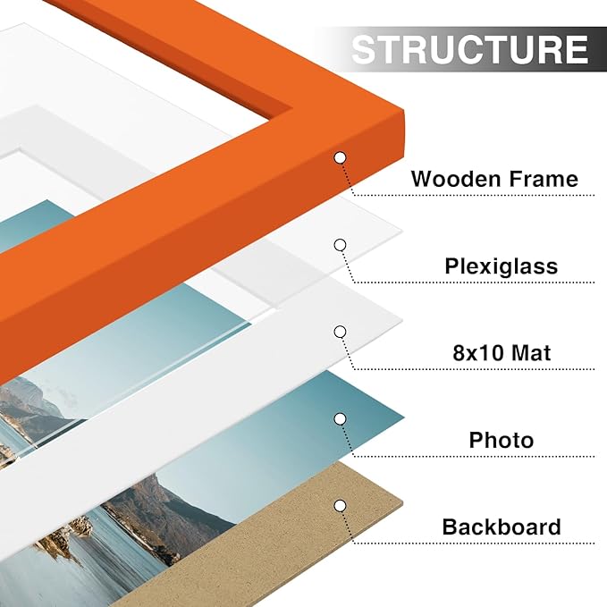 Vittanly 11x14 Picture Frames Set of 9, Shatter Resistant Plexiglass, Display 8x10 Pictures with Mat or 11x14 without Mat, Photo Frames for Wall or Tabletop, Engineered Wood, Orange