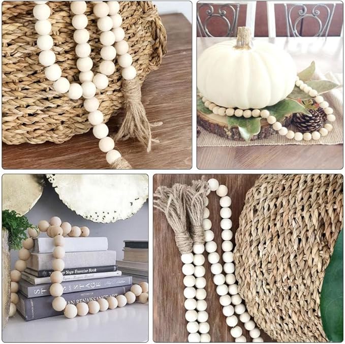 IMIKEYA Wooden Bead Tassel Decoration 57 Inch Natural Wood Beads Garland for Farmhouse Boho and French Country Home Decor Perfect for Tiered Trays and Centerpieces