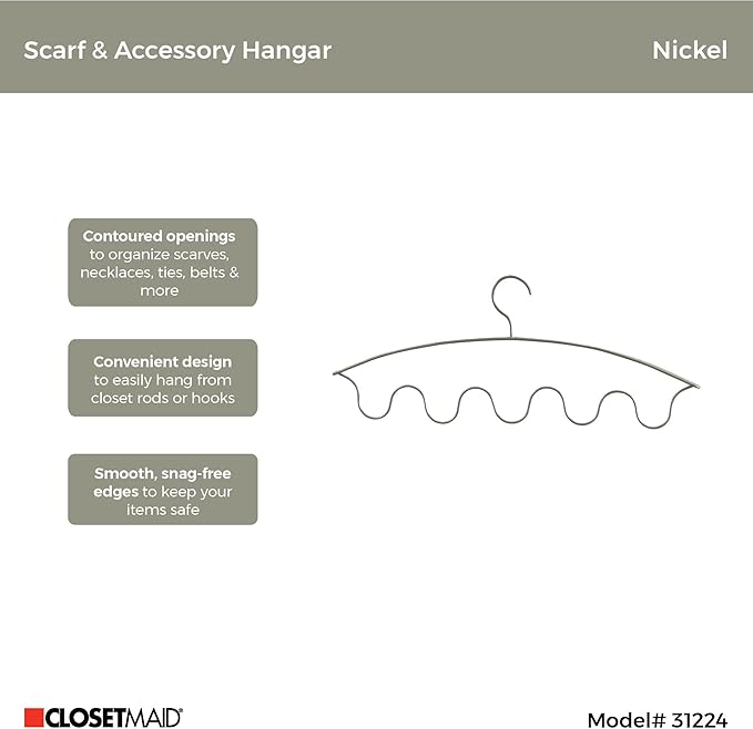 ClosetMaid Scarf Hanger, No Snag Closet Organizer for Scarves, Necklaces, Belts, Ties, Space Saving Storage, Nickel Finish