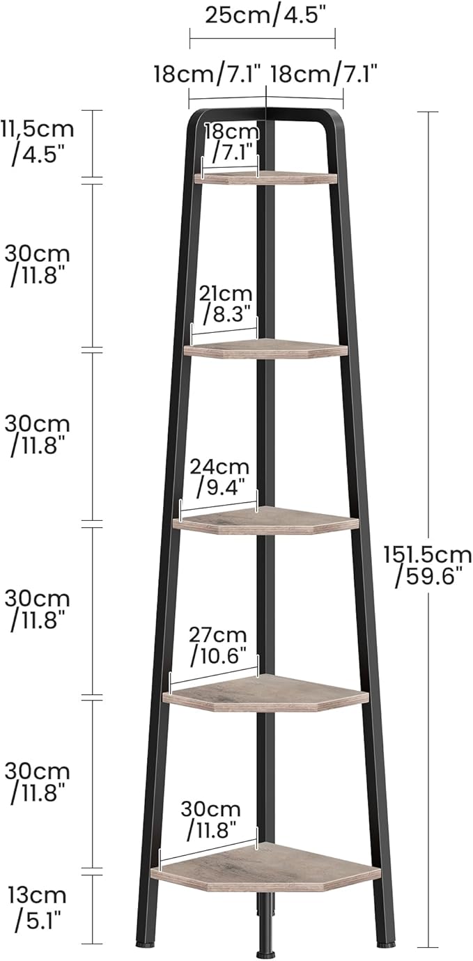 CHOEZON Corner Shelf, 5-Tier Ladder Corner Shelf, Ladder Bookshelf, 59.6" Tall Vertical Display Stand, Metal Frame Bookshelf, for Living Room, Bedroom, Kitchen, Greige and Black TCJ20BG