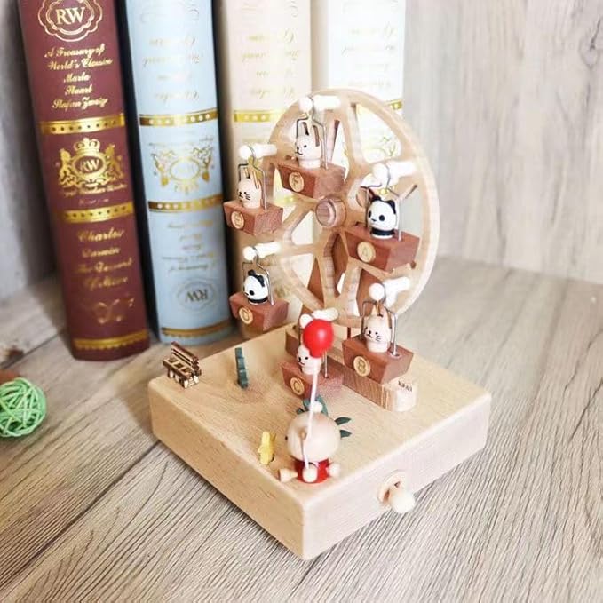 Natural Solid Wood Handcrafted Beech Wooden, Musical FigureTotoro/Carousel/Fairy/Ballerina Figurine,Rotating Hand Crank Mechanism Music Box,Musical Decorations (Skywheel)