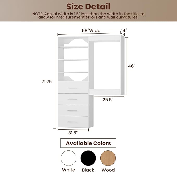 ROOMTEC Modular Closet System, 58" Wall-Mounted Closet Organizer with Drawers and Hanging Rods, Wooden Tower for Walk-In Closets, Wardrobe Storage Kit, White