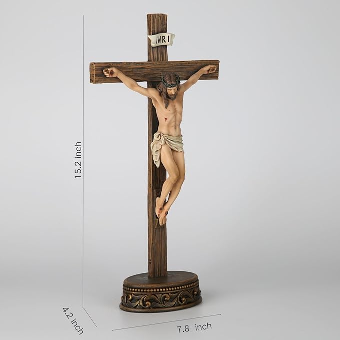 BC Catholic Crucifix Standing Cross, 15" H Jesus Christ Tabletop Home Decor, Religious Gift, Wood Carve Look, Realistic Color Finish, Renaissance Sculpture Hand Painted by Buildclassic