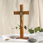 KUXBET Crucifix Cross Catholic 10.7 Inch Wooden Jesus Christ Wall Cross Stand, Hanging or Tabletop with Stand for Home Decor (10.7" L x 5.0" W)