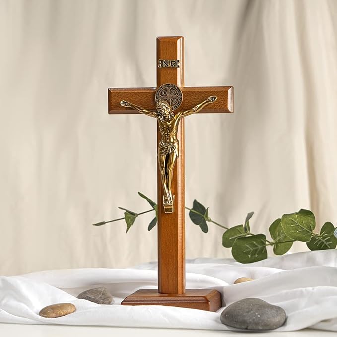 KUXBET Crucifix Cross Catholic 10.7 Inch Wooden Jesus Christ Wall Cross Stand, Hanging or Tabletop with Stand for Home Decor (10.7" L x 5.0" W)