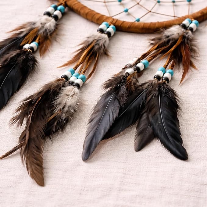 OMA Large Dream Catcher – Brown Suede with Turquoise Stones and Feathers, Traditional Dreamcatcher for Bedroom, Living Room, Dorms & Gift, Size - 28” x 9”