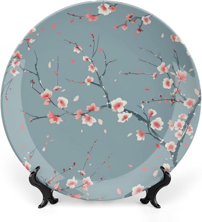 Japanese Spring Theme Decorative Ceramic Plate Round Porcelain Plate,Sakura Tree Branches Pattern,for Decorative Ornaments Giving Plates, 1 Plate with 1 Display Stand,Blue Pink,7 inch