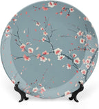 Japanese Spring Theme Decorative Ceramic Plate Round Porcelain Plate,Sakura Tree Branches Pattern,for Decorative Ornaments Giving Plates, 1 Plate with 1 Display Stand,Blue Pink,7 inch