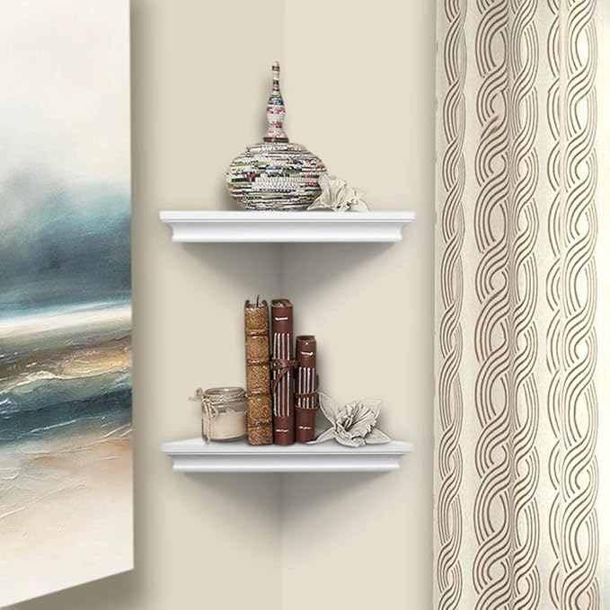 AHDECOR White Corner Shelves, Stylish Wall Mounted Corner Shelf for Space-Saving Storage in Living Room, Bedroom, and Office, Set of 2