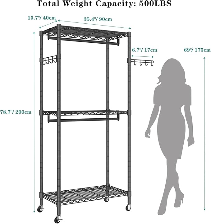 Heavy Duty Rolling Garment Rack, 3 Tiers Wire Shelves Adjustable Freestanding Portable Rolling Clothing Rack with Lockable Wheels, 35.4''L x 15.8''W x 78.8''H, Max Load 420LBS