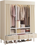 Portable Closet,Garment Rack,Heavy Duty Clothes Rack with Cover,Wardrobe Closet with 1 Hanging Rods, 2 Storage Shelves and 3 Drawers,43.3" L x 17.7" W x 67.7" H,Pale Yellow
