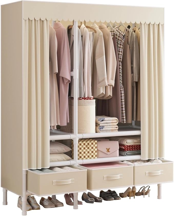 Portable Closet,Garment Rack,Heavy Duty Clothes Rack with Cover,Wardrobe Closet with 1 Hanging Rods, 2 Storage Shelves and 3 Drawers,43.3" L x 17.7" W x 67.7" H,Pale Yellow