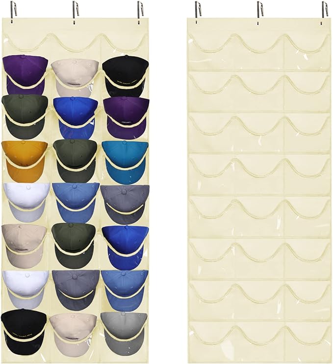 Dofilachy Hat Rack - Hat Organizer - Hat Racks for Baseball Caps, Visible Hat Holder - Baseball Hat Rack for Wall Door with 3 Hooks, 24 Deep Pockets (Beige,large)
