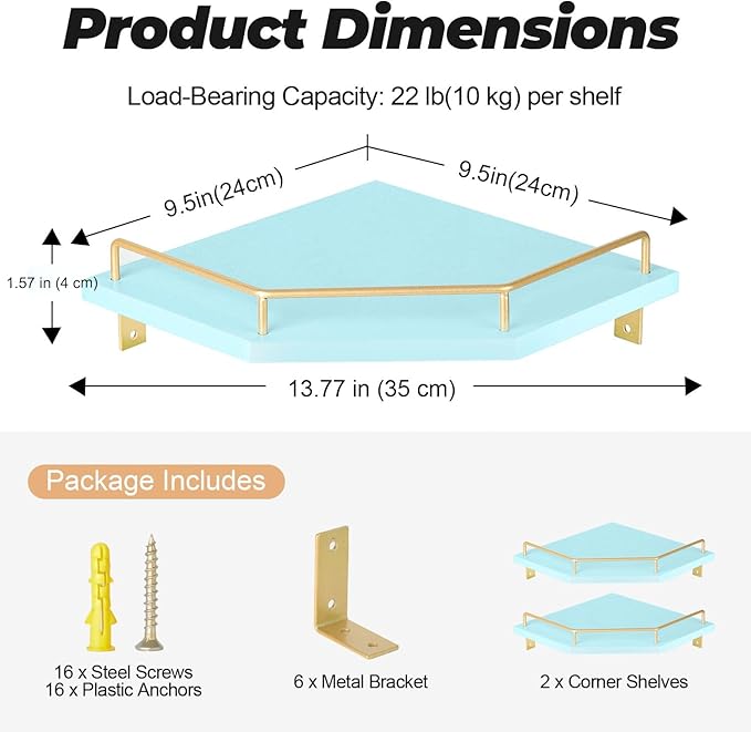Tirzah Blue Wall Mount Corner Shelf with Gold Metal Guardrail, 2-Tier 9.5-inch Diamond-Shaped Wood Corner Floating Shelves for Home Decor Kitchen Organizer