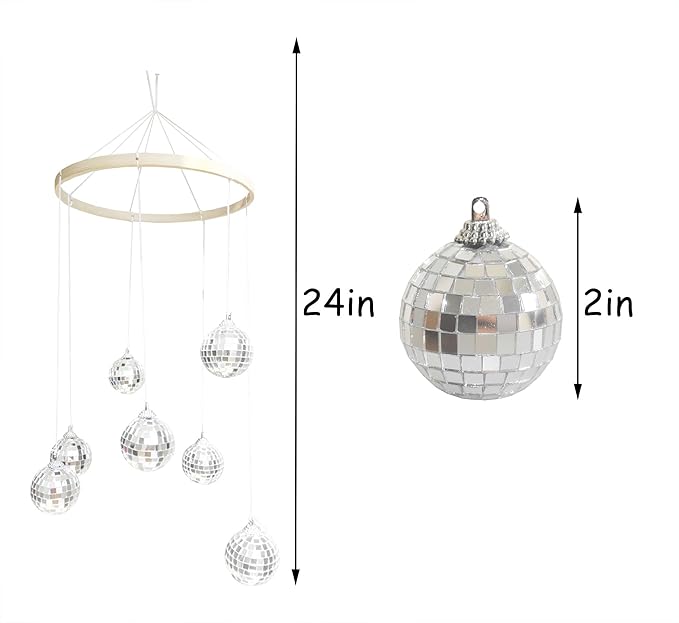 Dazzling Disco Ball Mobile, Spiral Spinner Ball, 7.8 Inch Nature Bamboo Circle, Indoor Outdoor Yard Garden Patio Home Decoration for Party Activities Wedding Birthday Music Festival