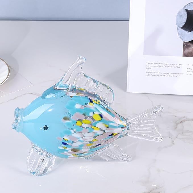 LCCCK Large Hand Blown Glass Fish Figurines, Aquarium Sea Glass Art, Fish Statue Sculpture Modern Coastal Accent - for Beach Knick Knacks, Coffee Tables, Nautical Offices Centerpiece (Colorful Blue)