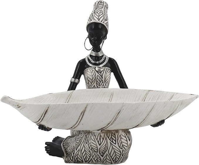 Lescafita African Woman Resin Tray Figurine, White Leaf Decorative Bowl Sculpture, Boho Tribal Art Statue for Jewelry Storage and Home Decor
