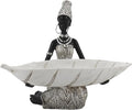 Lescafita African Woman Resin Tray Figurine, White Leaf Decorative Bowl Sculpture, Boho Tribal Art Statue for Jewelry Storage and Home Decor