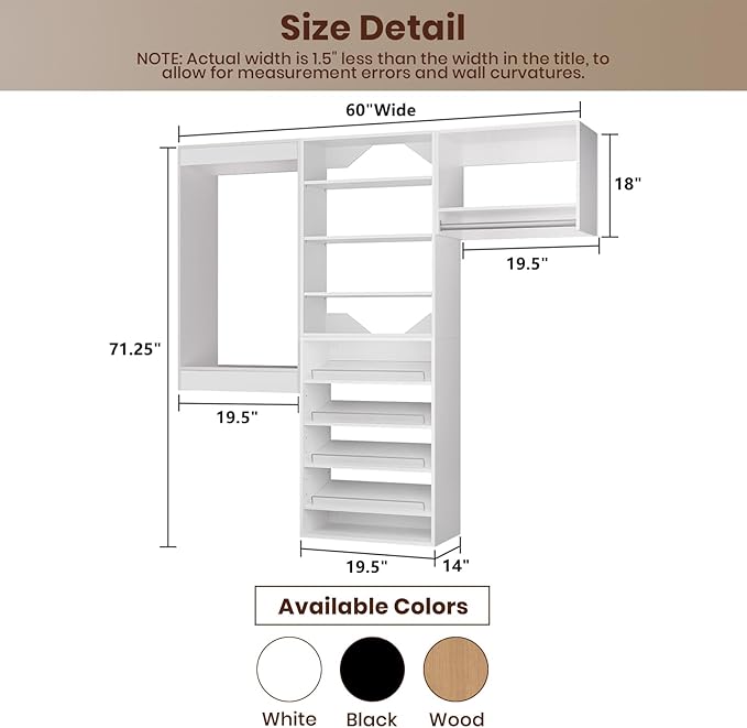 ROOMTEC Modular Closet System, 60" Wall Mounted Modern Closet Organizer with Hanging Rods and Shoe Shelf, Wooden Tower for Walk-In Closets, Wardrobe Storage Kit, White