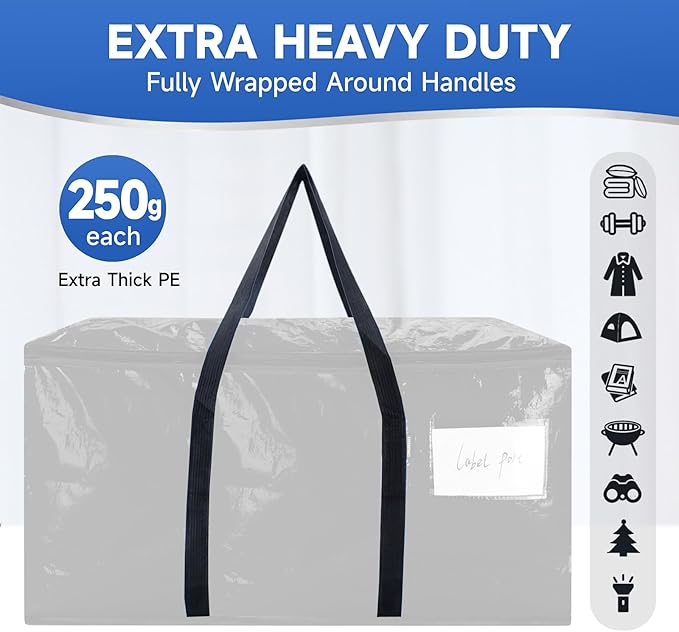 CONGREGATE 8-Pack Heavy Duty Black Moving Bags with Zippers and Handles, Heavy Duty Storage Handbags for Space Saving, Made of PE, 97 Liters/25.6 Gallons (28.7 Inch x 13.7 Inch x 15 Inch)