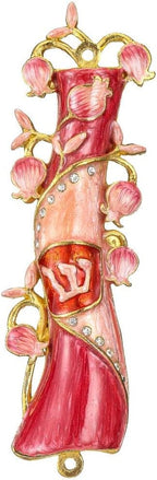 Matashi Hand Painted Mezuzah Gold Plated and Crystals (Red & Pink Enamel Mezuzah)