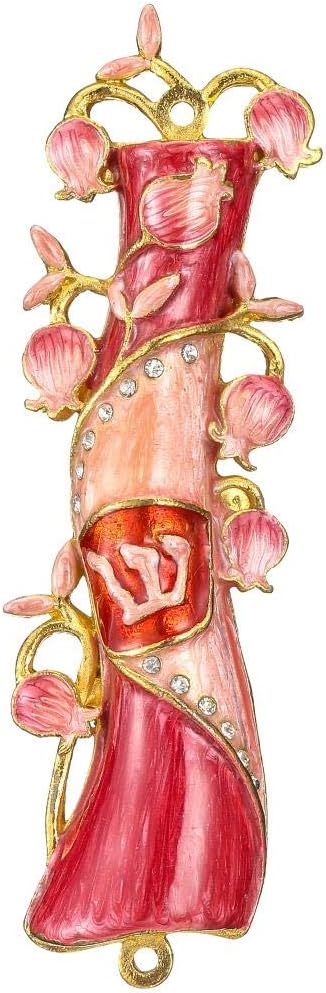 Matashi Hand Painted Mezuzah Gold Plated and Crystals (Red & Pink Enamel Mezuzah)