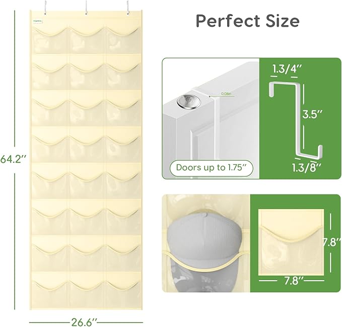 Unjumbly Baseball Hat Rack, 24 Pocket Over-The-Door Hat Organizer with Clear Deep Pockets to Display Baseball Caps Collection, Complete with 3 Over Door Hooks (Beige, 24 Pockets)