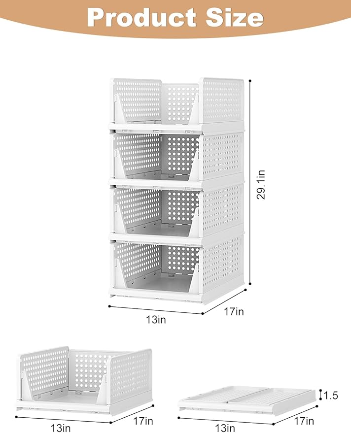 Closet Organizer System, Stackable Plastic Clothes Storage Basket, Stackable, Foldable Organizers for Wardrobe Clothes Organizer Suitable for Bedrooms Bathrooms Kitchen Living Rooms (2pack)