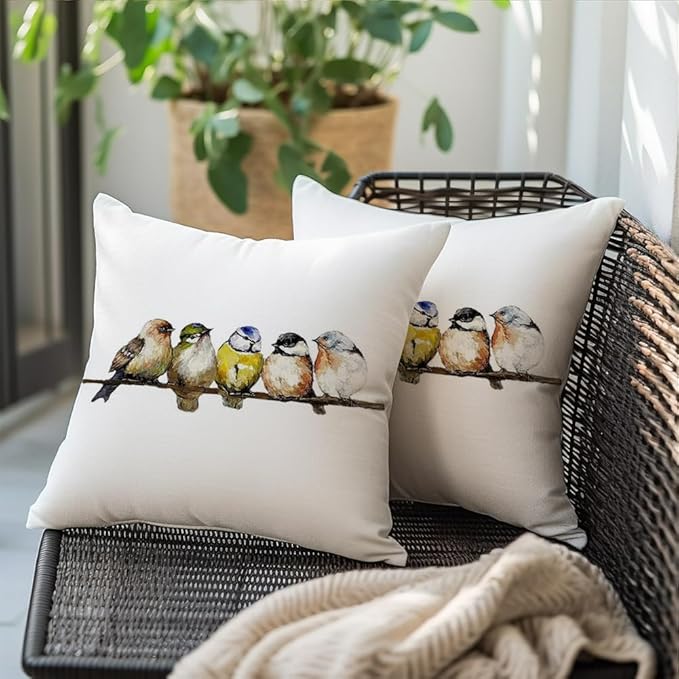 RABUSOFA 16x16 Watercolor Birds Pillows Decorative Throw Pillows Hand-Painted Oil Painting Rustic Birds Square Pillow Cases,Cute Colorful Spring Decorations for Home Couch Sofa Outdoor