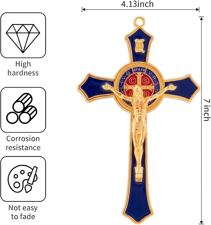 TALPGOD St Benedict Crucifix Blue 7 Inch,Crucifix Wall Cross for Catholic Decor,Jesus Christ Hanging Cross Wall Art Decor,Escapularios Catolicos,Saint Benedict Medal for Home Decoration