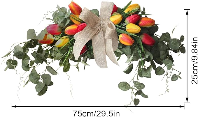 Artificial Tulip Flower Swag, 29.5in Decorative Swag with Fake Tulip Green Leaves Front Door Wreaths with Bow Rustic Artificial Floral Swag for Wedding Home Decor