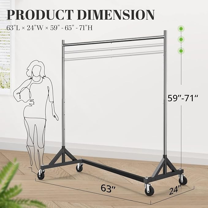 HOKEEPER Z Base Clothing Rack Heavy Duty Clothes Rack for Hanging Clothes Hold 500LBS Commercial Garment Rack with Wheels Adjustable Rolling Clothes Rack Portable Z 24" Dx63 Wx71 H, 4 Pack