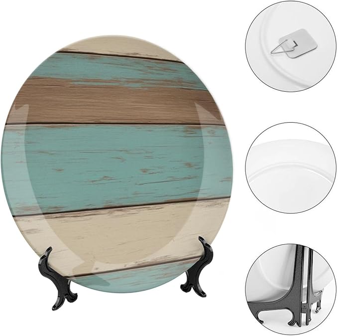 Wood Grain theme Decorative Ceramic Plate Round Porcelain Plate,10 inch,Vintage pattern,for Decorative Ornaments Giving Plates,1 Plate with 1 Display Stand,Blue White