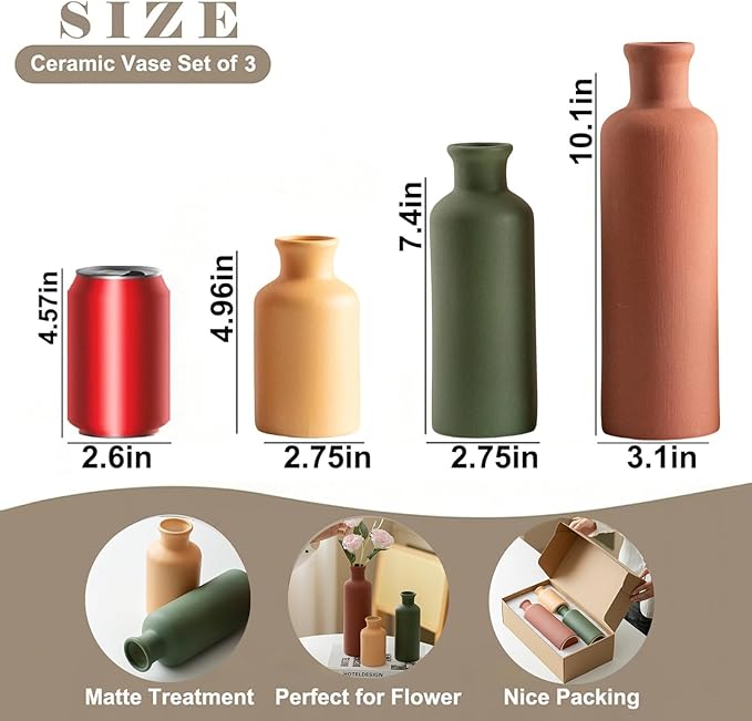 Modern Ceramic Vase Set of 3, Neutral Colors, Decorative Bottles for Home, Farmhouse Rustic Decor, Housewarming Gifts, Wedding Gifts, Bridal Shower Gifts, Birthday Gifts for Women (Green Mix)