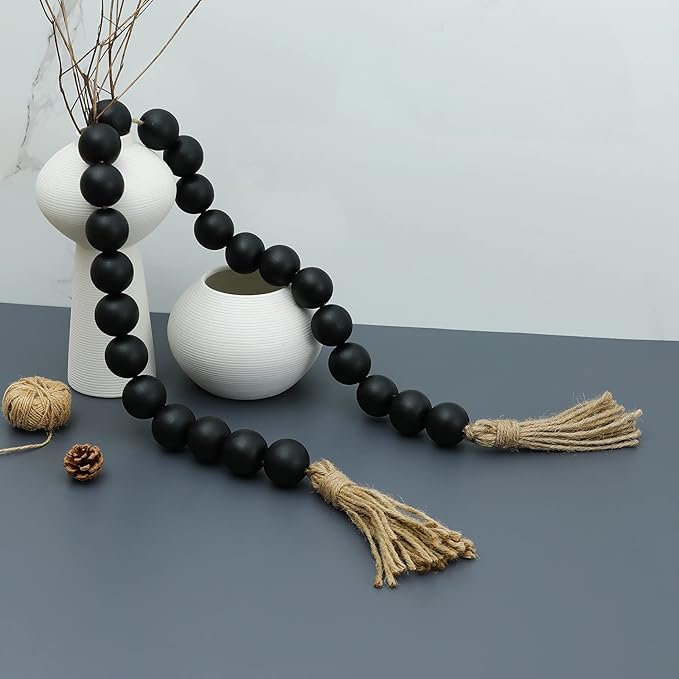 Large Black Wooden Beads Garland Farmhouse Decor 50inch long with 1.6" Diameter beads, Wood Beads Decor Tassel Garland Decorative Boho Country Decoration for Coffee Table Home Tiered Tray Wall Hanging