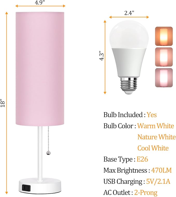 Dott Arts 18" Table Lamp for Bedroom, 3-Color Bedside Lamps with Pull Chain, Bedroom Table Lamps for Nightstand,AC Outlet Small Lamp for Living Room, Bulb Included Pink