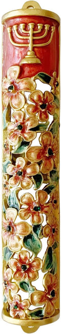 Hand Painted Mezuzah, Exquisite Enamel Mezuzah with Menorah and Pomegranate Motifs