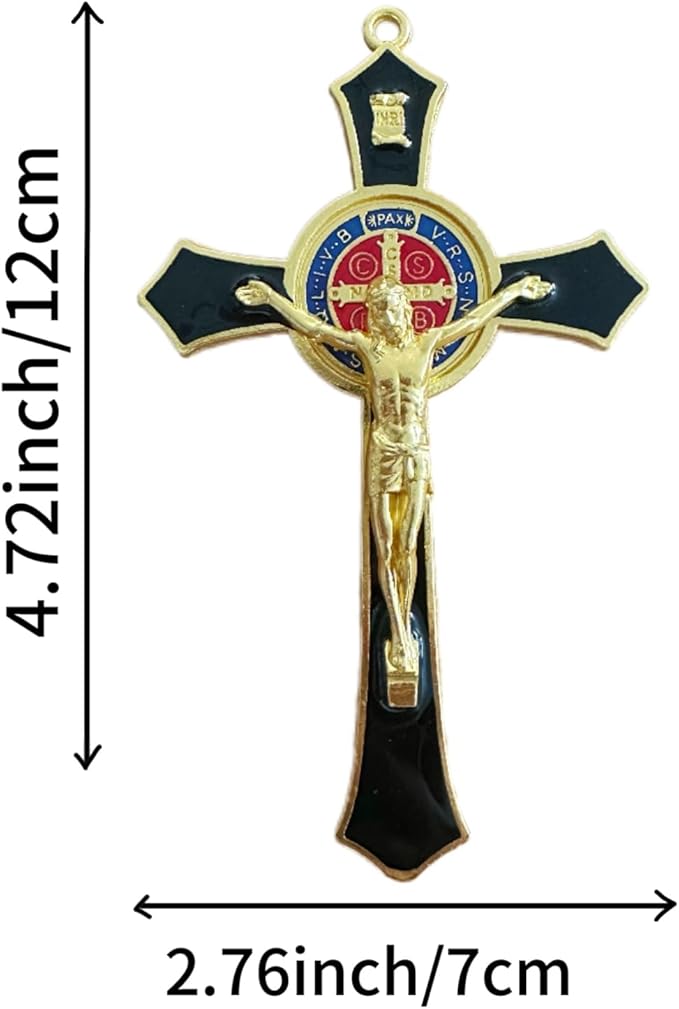 Bovemee Saint Benedict Benedictine Red Enamel 4.7X2.7 Inch Protection Wall Crucifix Cross Catholic San Benito Medalla Prayer Decoration (Black)