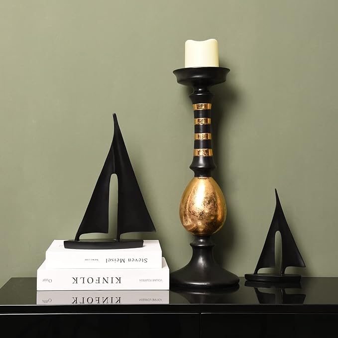 Saysmile Modern Sculptures Home Decor, Sailboat Decor Ornament, Boat Decorations Statue Decor, Art Sculptures and Statues, Sailboat Gifts Home Office Bathroom Shelf Decor (Black-2 Pack)