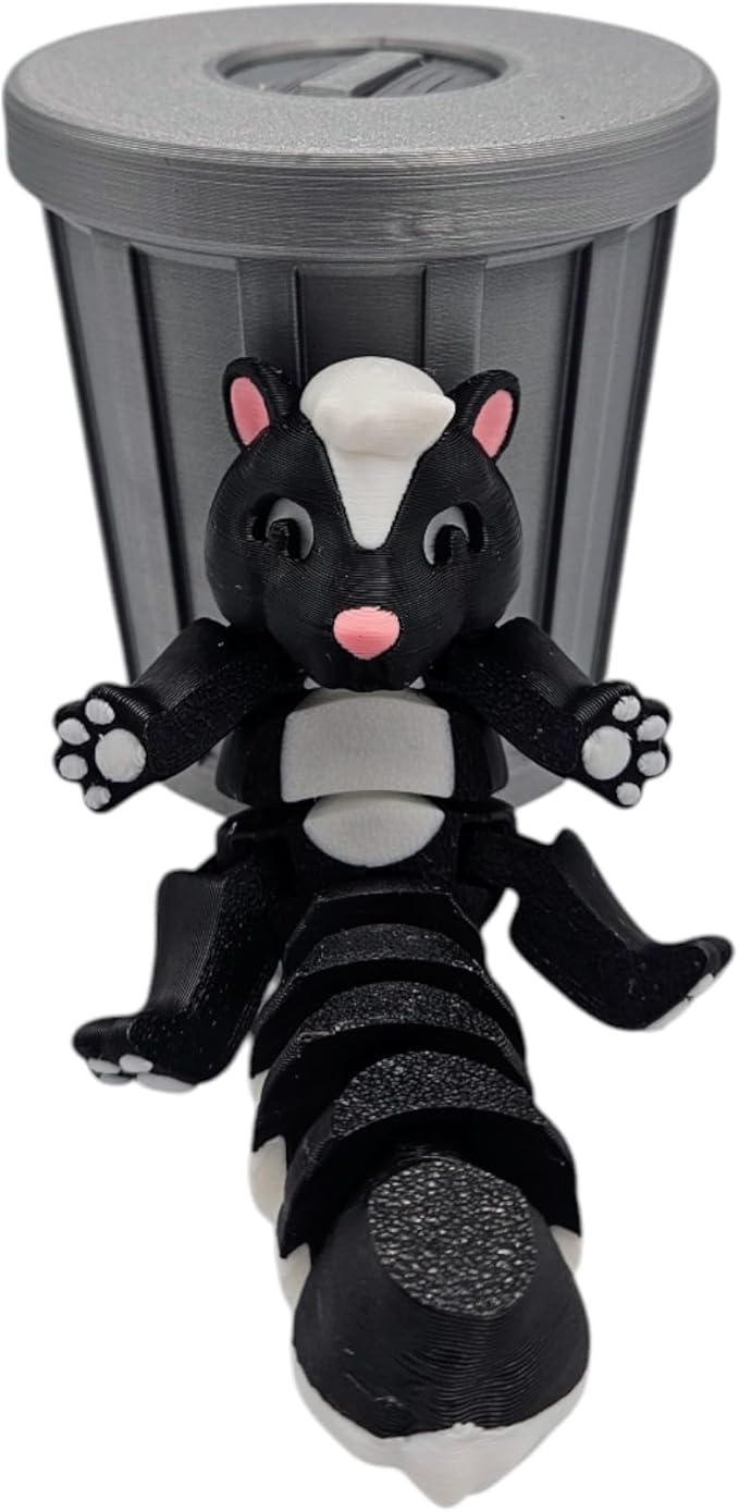 Articulating Animals Raccoon, Fox, Panda, Skunk, Possum with Containers - 3D Printed Articulated Joints ADHD, Autism, Relief Anxiety, Collectible Figurines (Skunk Trash Can)
