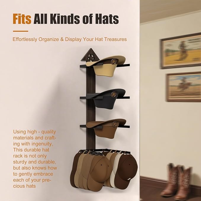 Cowboy Hat Rack -Cowboy hat holder for wall With Heavy- Organize and Display Your Hats with Ease, Wall Mounted Hat Hanger Western Decor for Cowgirl Hats- Ideal Western Decor