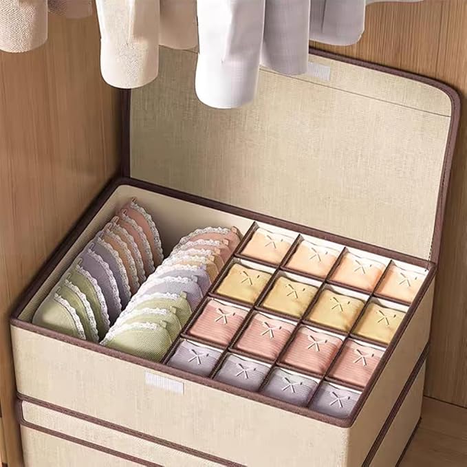 Underwear Sock Tie Storage Organizer with Lid, Foldable Closet Drawer Organizer 1+16 Cells, Drawer Fabric Foldable Cabinet Closet Storage Boxe (Grey)