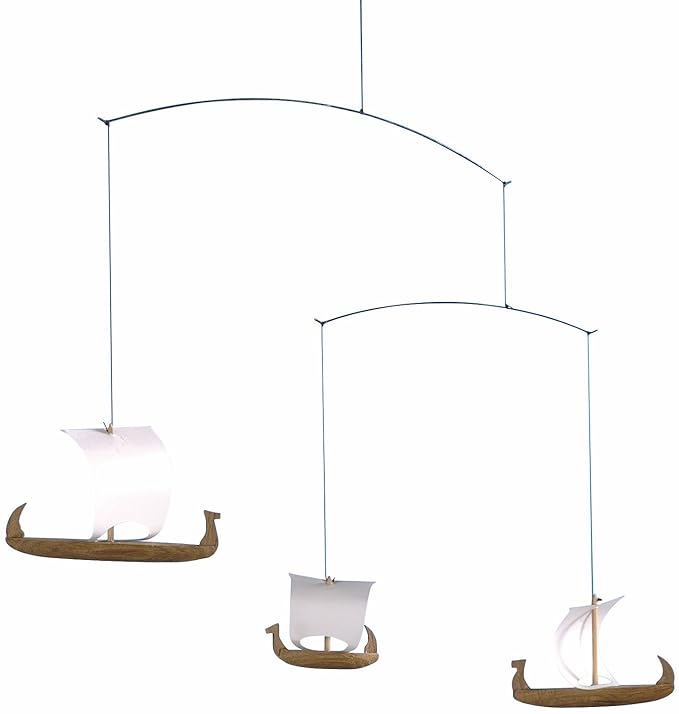 Viking Ships 3 Hanging Mobile - 15 Inches - Teak - Handmade in Denmark by Flensted