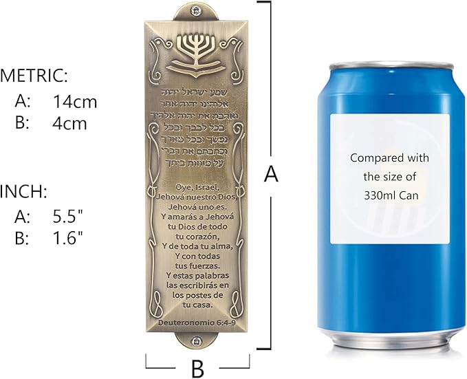 BRTAGG Mezuzah Case with Double Sided Tape, 5.5" Tall, Spanish & Hebrew Scripture, Bronze, Easy Peel and Stick Mezuzah Cover Jewish Gifts (for 4 Inches Scroll)