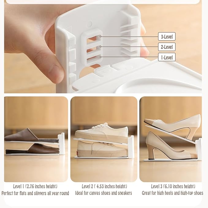 Shoe Slots Organizer 10 Pack - Shoe Stackers, Space Savers 50%, 3 Levels Adjustable, Double Layer Holders for Closet, Space Saver for Entryway,White