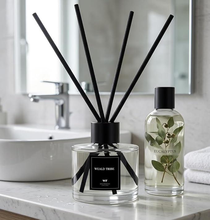 Reed Diffuser Set of 3 for Bathroom Air Fresheners, Oil Diffuser Sticks | Gardenia,Jasmine,Eucalyptus & Lavender Scent(1.7 fl oz Each Pack) Home Fragrance with 12 Sticks Defusers | Shelf Decor
