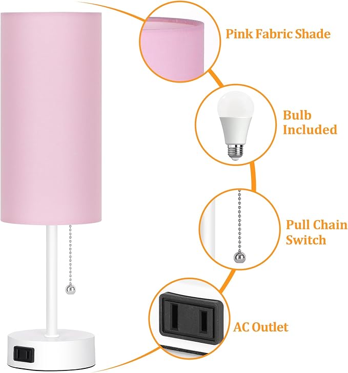 Dott Arts Table Lamp for Bedroom, 3-Color Bedside Lamps with Pull Chain, Bedroom Table Lamps for Nightstand,AC Outlet Small Lamp for Living Room, Bulb Included Pink