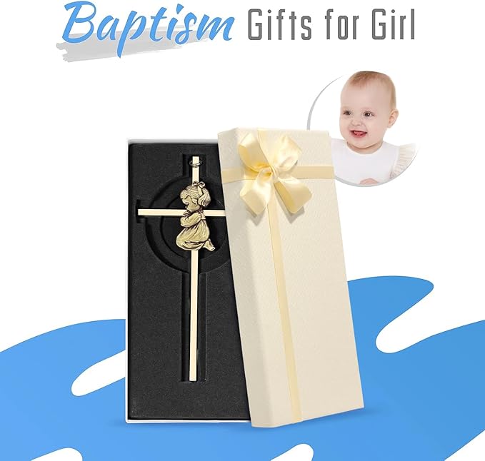 Baby Wall Cross Baptism Gifts for Girl 7-inch Olive Gold Praying Catholic Baby Girl Baptism Crosses for Christening, First Holy Communion & Baby Dedication Gifts, Baptismal Cross Newborn Nursery Decor