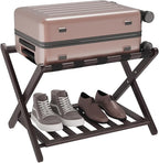 Smuxee Fully Assembled Brown Luggage Rack, Upgraded Bamboo Foldable Suitcase Stand with 5 Nylon Straps, Luggage Holder with Shelf for Guest Room Bedroom Hotel